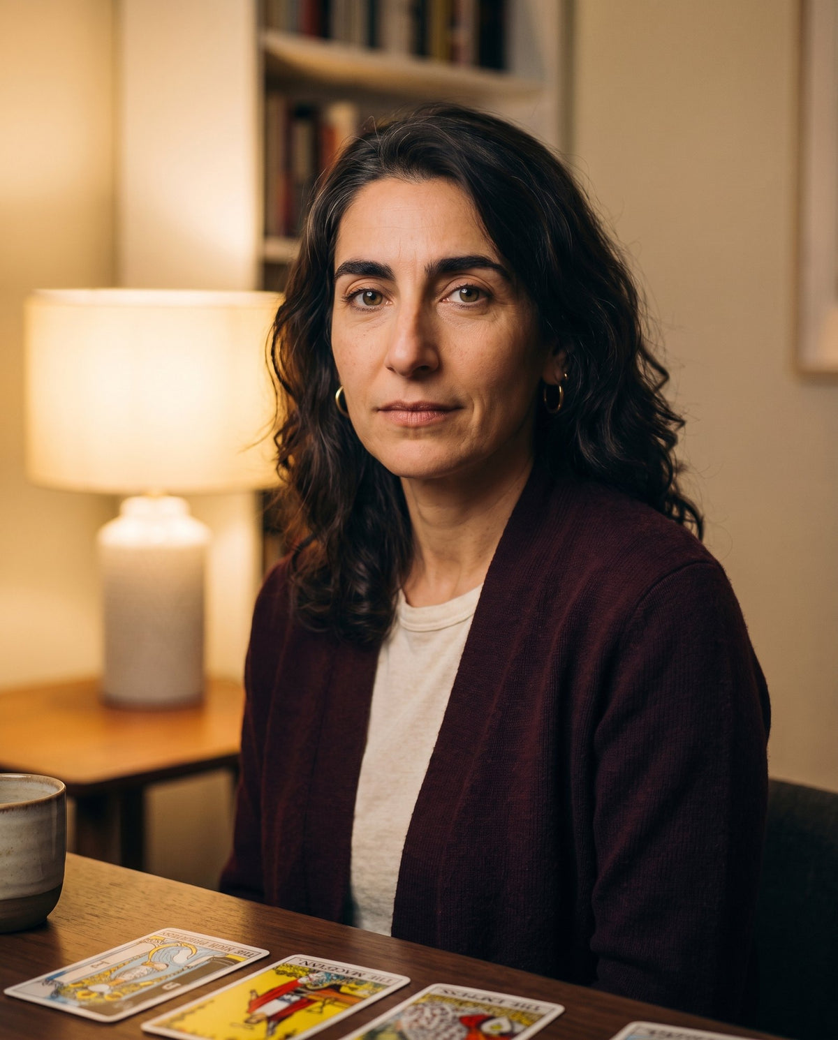 The host of The Quiet Cards at a lamp-lit table with tarot cards
