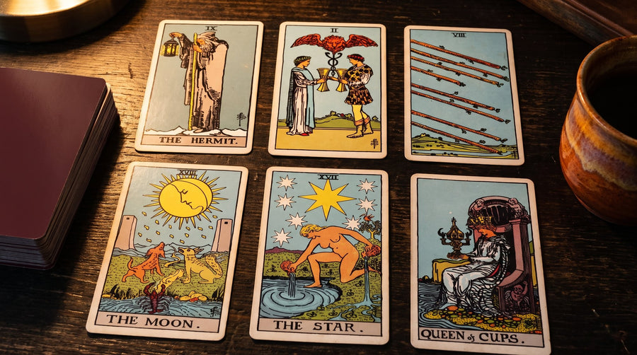 Six tarot cards laid out: a three-card spread with three clarifier cards